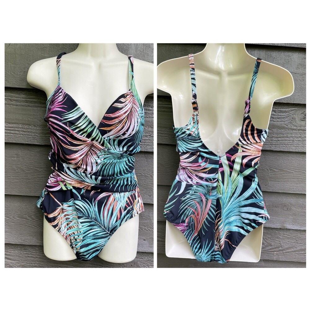 Profile by Gottex Size 8 Tropico Swimsuit Black Multi Palm Leaf Tummy Control